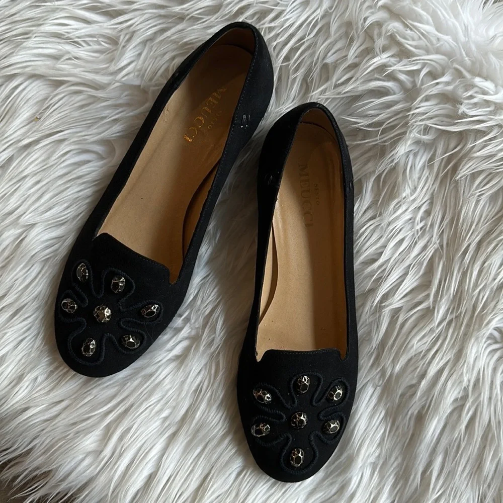 Sesto Meuuci Black Suede Embellished Slip-On Loafers Size 8